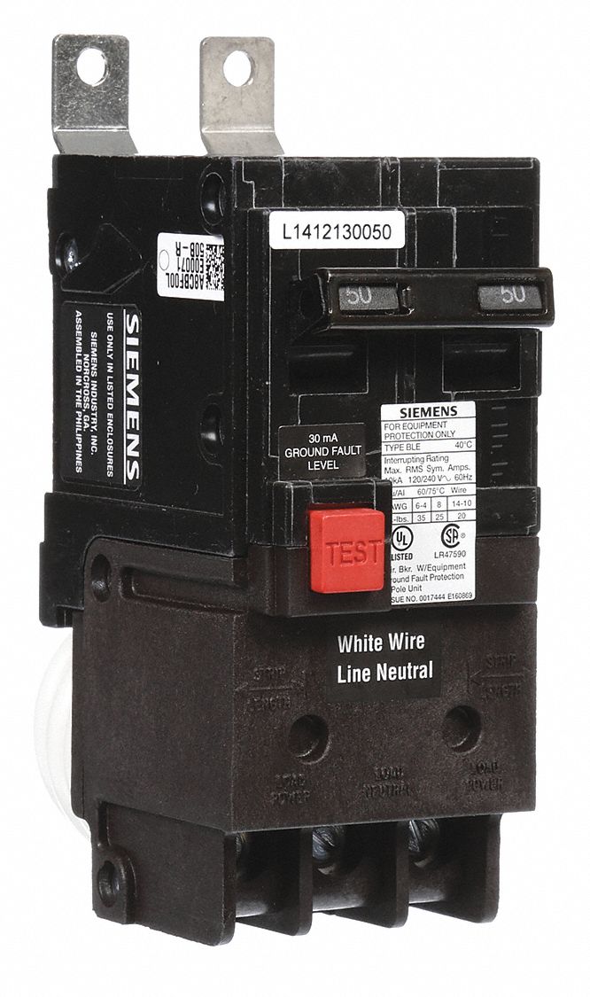 Miniature Circuit Breaker: 50 A Amps, 120/240V AC, 2 Poles, Ground Fault Equipment Protection
