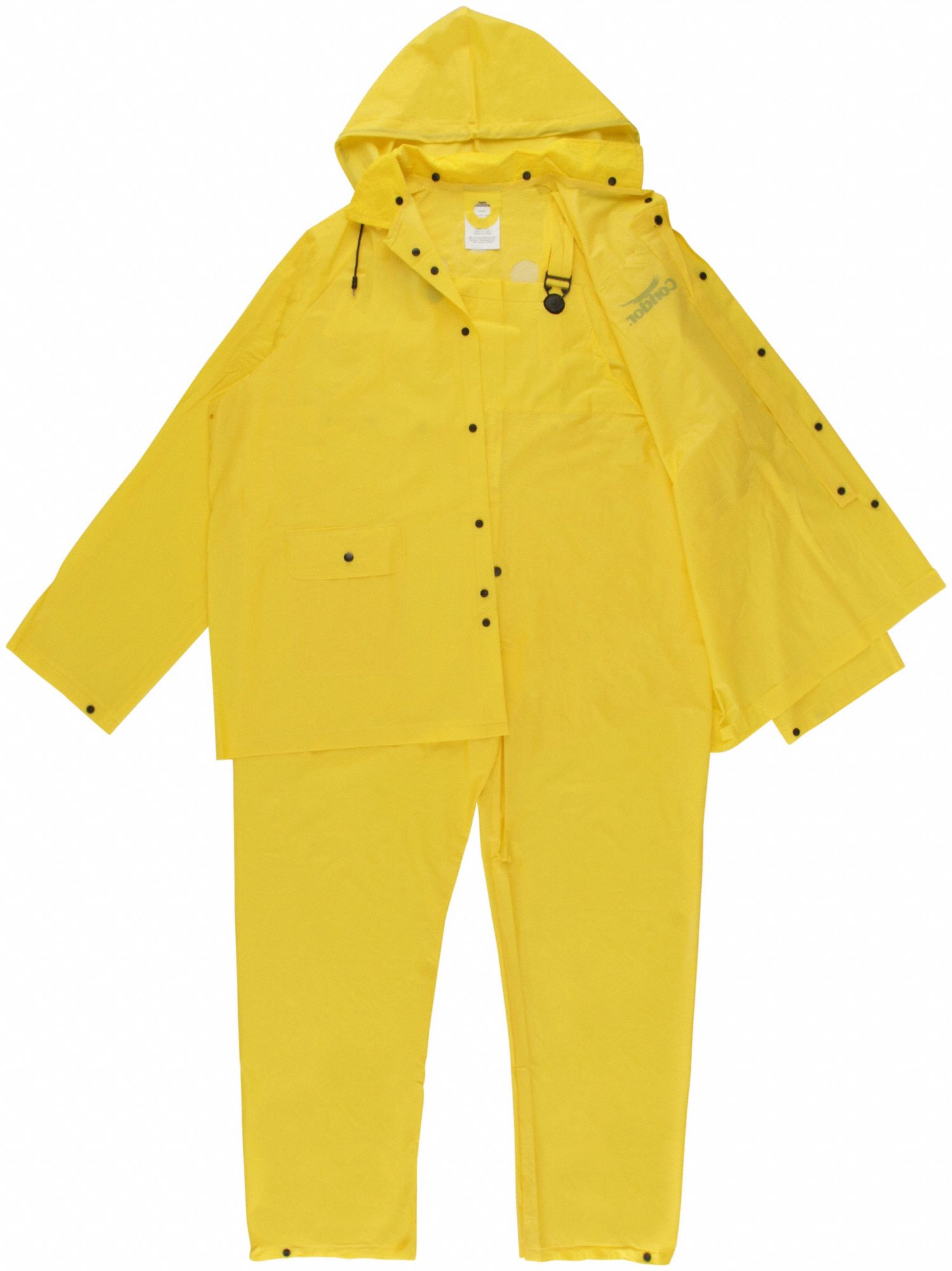 3-PIECE RAINSUIT WITH DETACHABLE HOOD/JACKET/PANTS, YELLOW, XL, PVC, 10 MIL