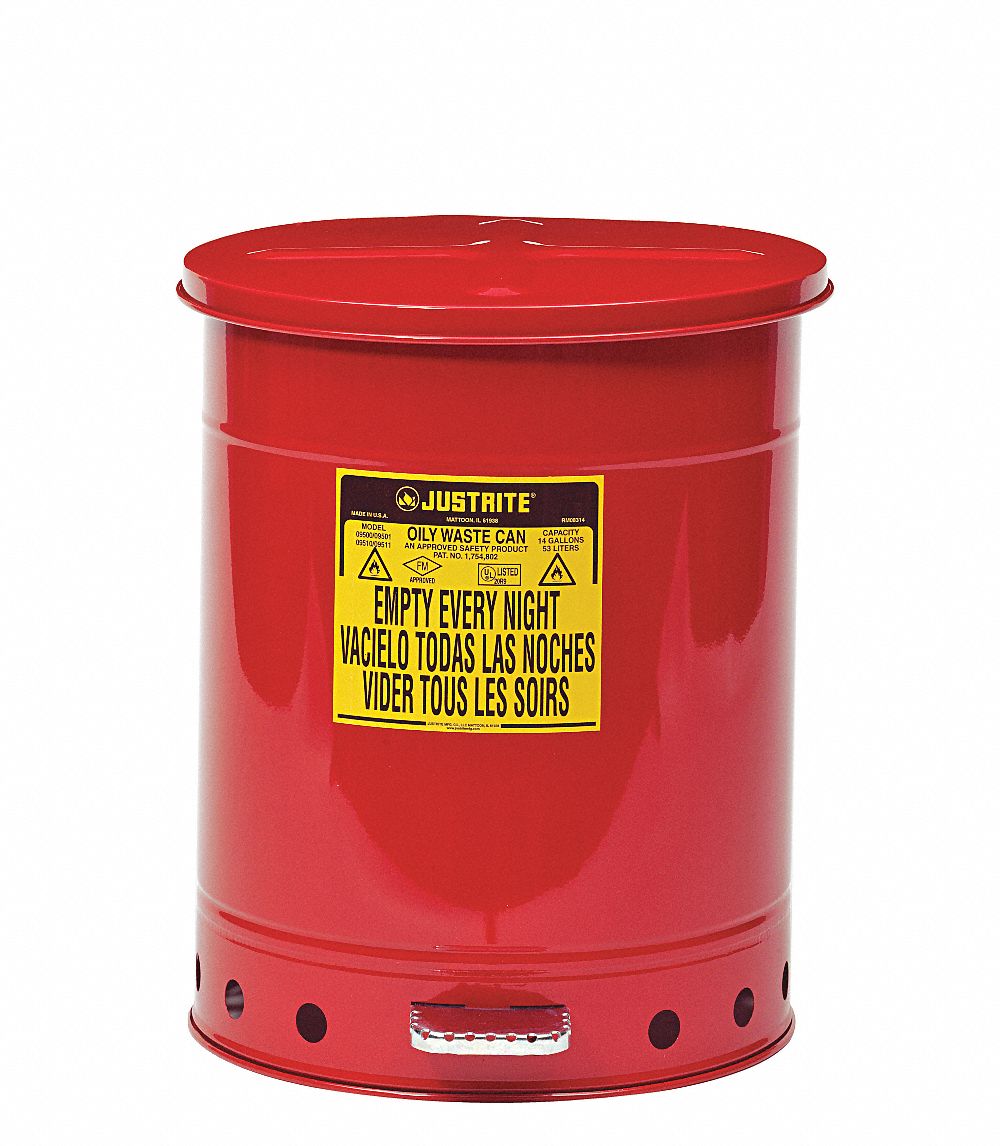 OILY WASTE CAN, 14 GAL, RED, GALVANIZED STEEL, 20¼ IN H, FOOT OPERATED SELF CLOSING