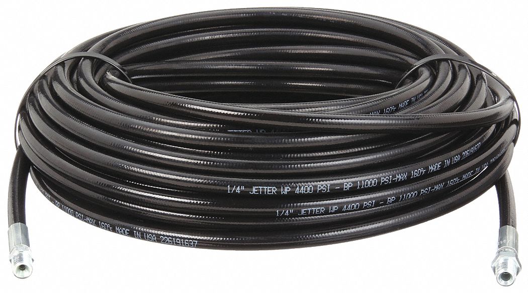 SEWER HOSE, ¼ IN ID, 100 FT L, SYNTHETIC RUBBER, BLACK, ¼ X ¼ IN FITTING, MNPT X MNPT