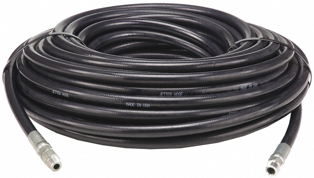 SEWER HOSE, ⅜ IN ID, 100 FT L, SYNTHETIC RUBBER, BLACK, ⅜ X ⅜ IN FITTING, MNPT X MNPT