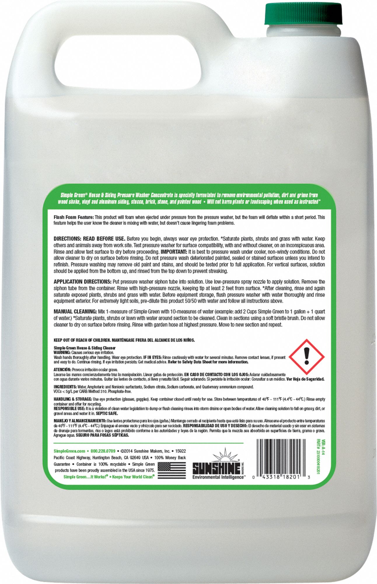 SIMPLE GREEN House and Siding Cleaner 1 gal Size, Jug, 110, Odorless
