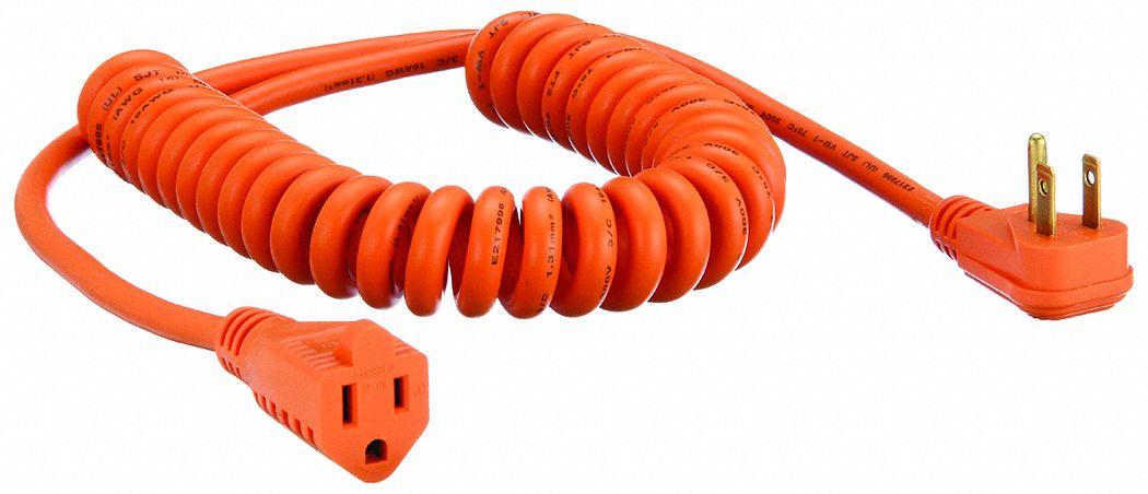 POWER FIRST Coiled Extension Cord: 10 ft Cord Lg, 16 AWG Wire Size, 16/3,  SJT, NEMA 5-15P, Orange