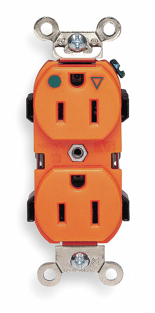 Receptacle: Duplex, 5-15R, 15 A, 125V AC, Orange, 2 Pole / 3 Wire Poles & Wires, Gen Purpose