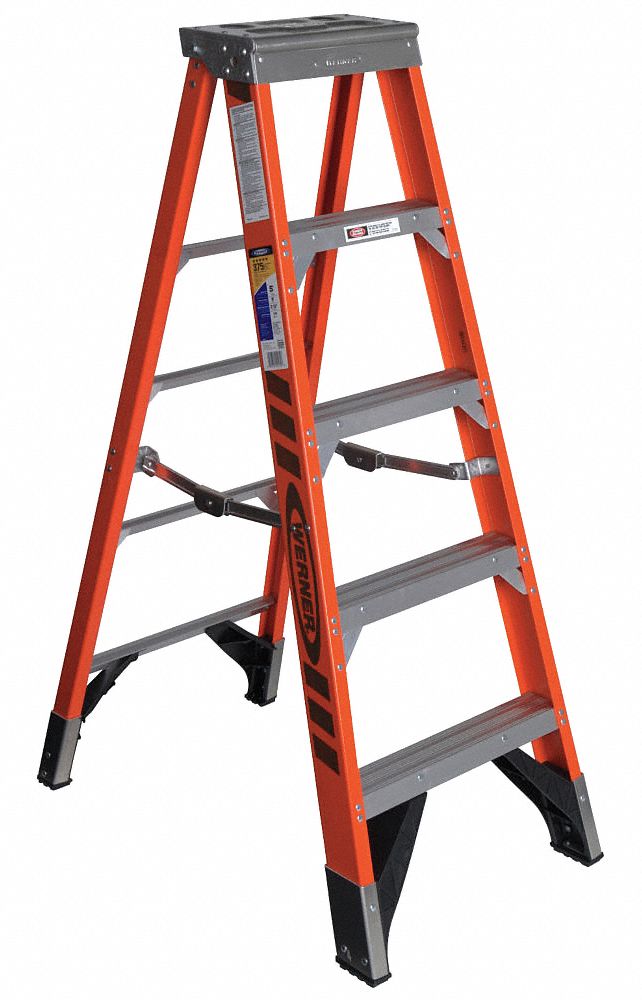 Stepladder: 5 ft Ladder Size, Fiberglass, 375 lb Load Capacity, 20 lb Wt, 1.8 ft Standing Ht