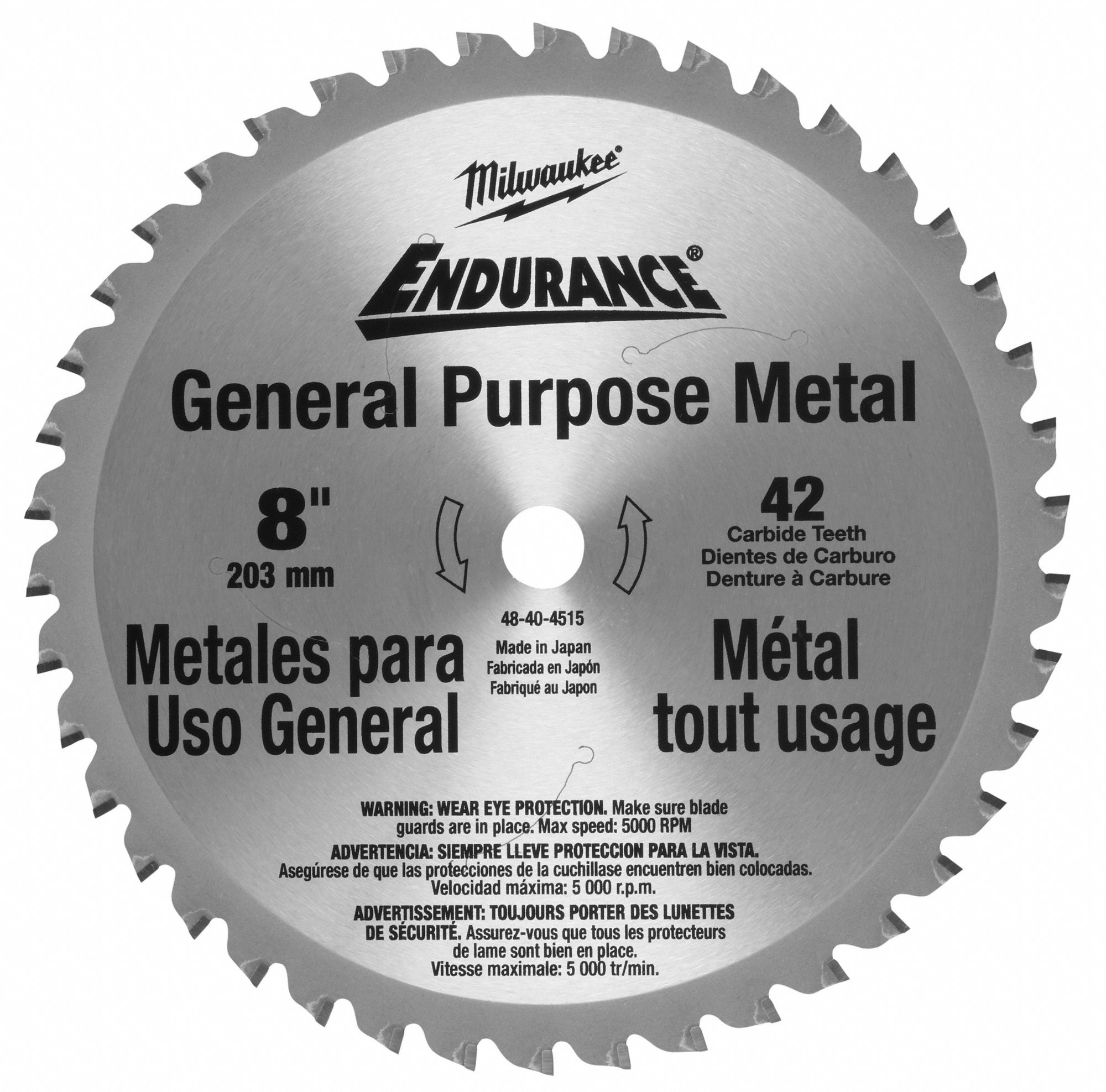 CIRCULAR SAW BLADE, STEEL/CARBIDE, 8 IN DIA, 42, ⅝ IN, 5000 RPM, FOR METAL