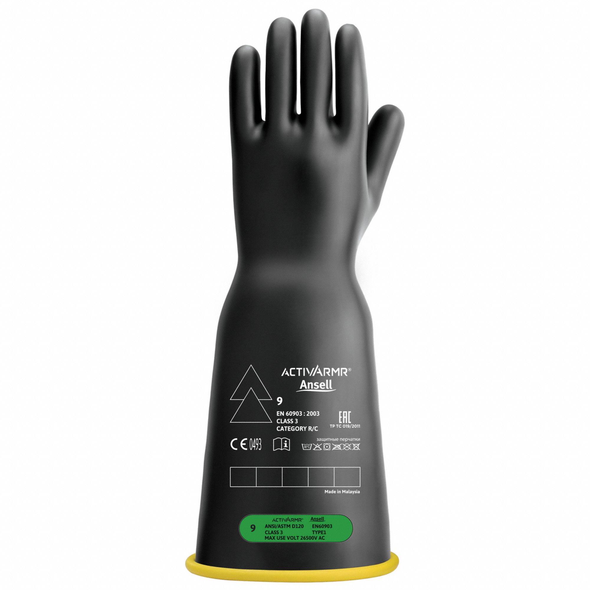 Electrical-Insulating Gloves: 26, 500V AC, 39, 750V DC, Black/Yellow, 16 in Glove Lg, 1 PR