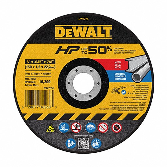 Box of 10 Dewalt DW8725H 6 x .045 x 5/8-11 Metal Hub Cut-Off Wheels 