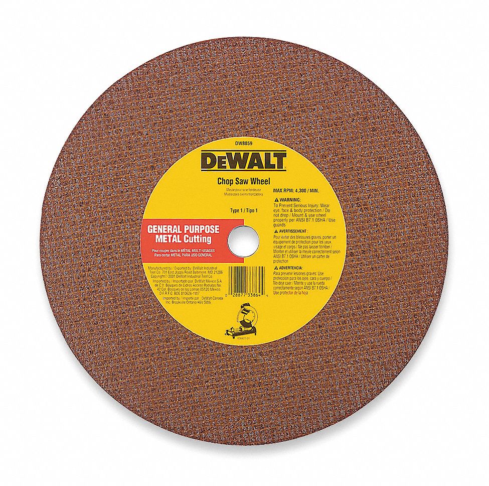 DEWALT Abrasive CutOff Wheel 12 in Abrasive Wheel Dia, Aluminum Oxide, Type 1, 0.125 in Thick