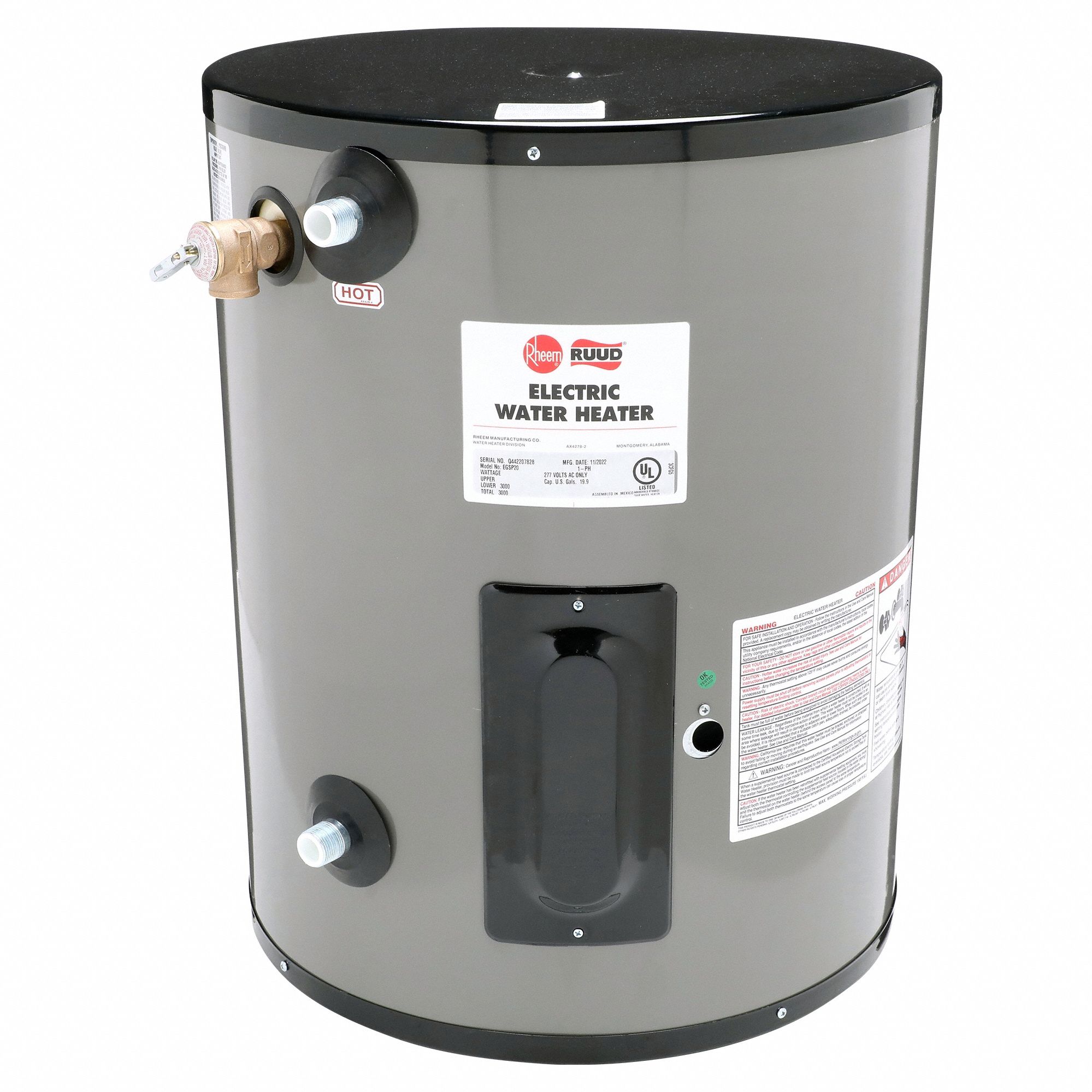 Point-of-Use Electric Water Heater: 277V, 19.9 gal, 3, 000 W, Single Phase, 25.12 in Ht