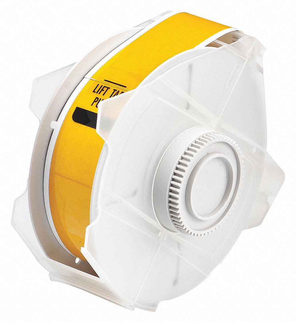 Continuous Label Stock: 1 1/8 in x 50 ft, Plastic, Yellow (Gloss), Outdoor