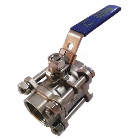 GRAINGER APPROVED Ball Valve, 316 Stainless Steel, Inline, 3Piece, Pipe Size 3/4 in, Connection