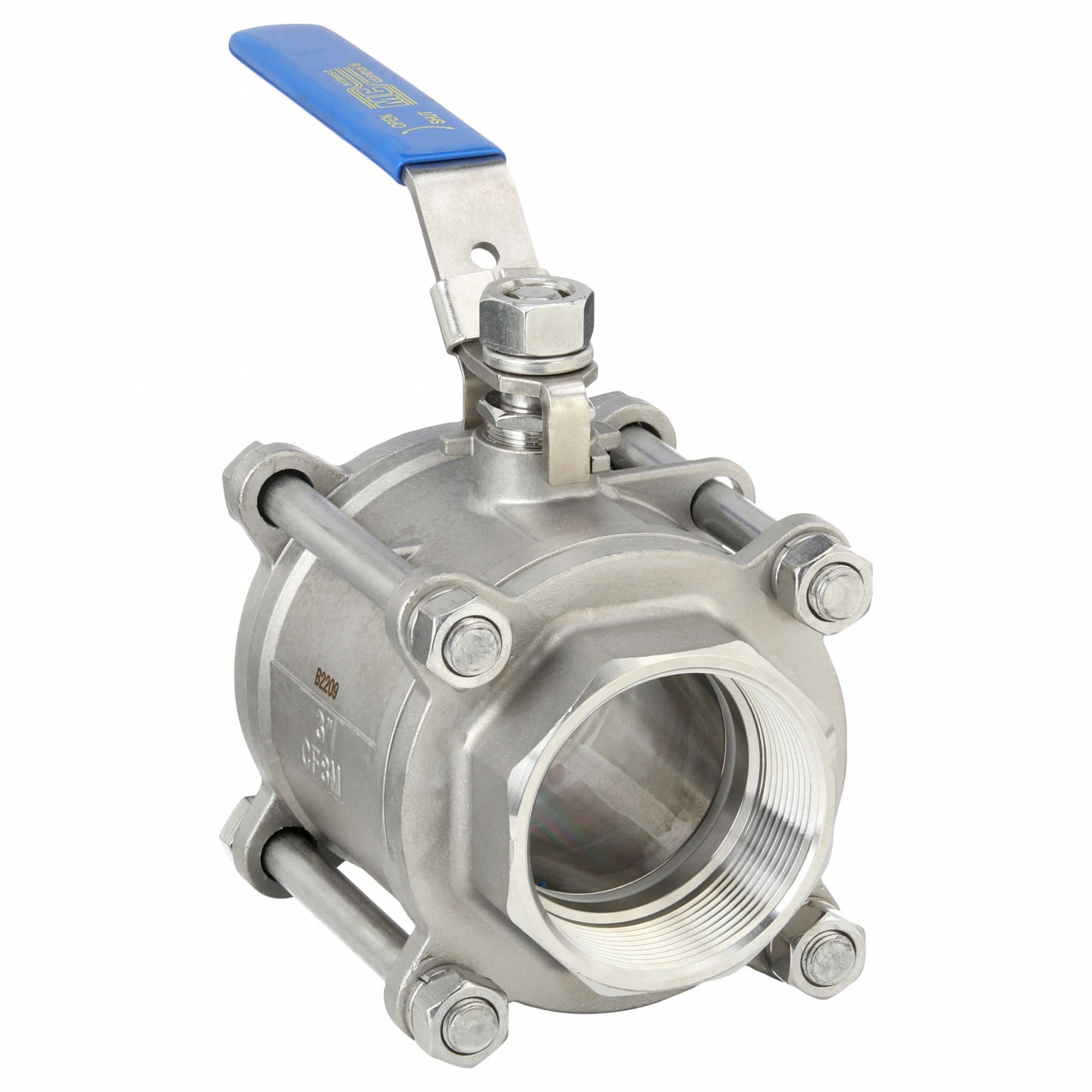 Manual Two-Way Ball Valve: 3 in, 316 Stainless Steel, Straight Valve Body, RPTFE