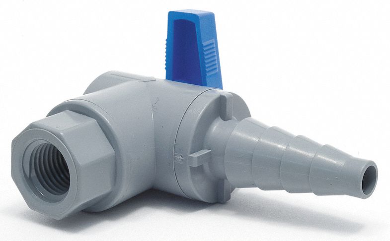 MANUAL TWO-WAY BALL VALVE: ⅜ IN, PVC, ANGLE, FNPT X BARB, FULL PORT BALL PORT