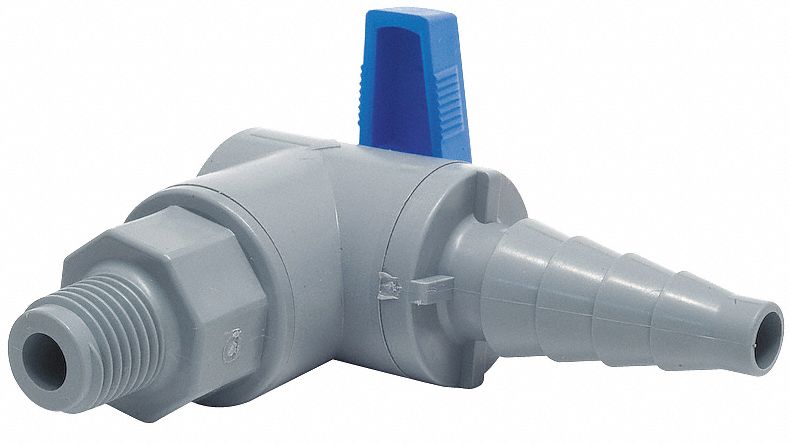 MANUAL TWO-WAY BALL VALVE: ¼ IN, PVC, ANGLE, MNPT X BARB, FULL PORT BALL PORT