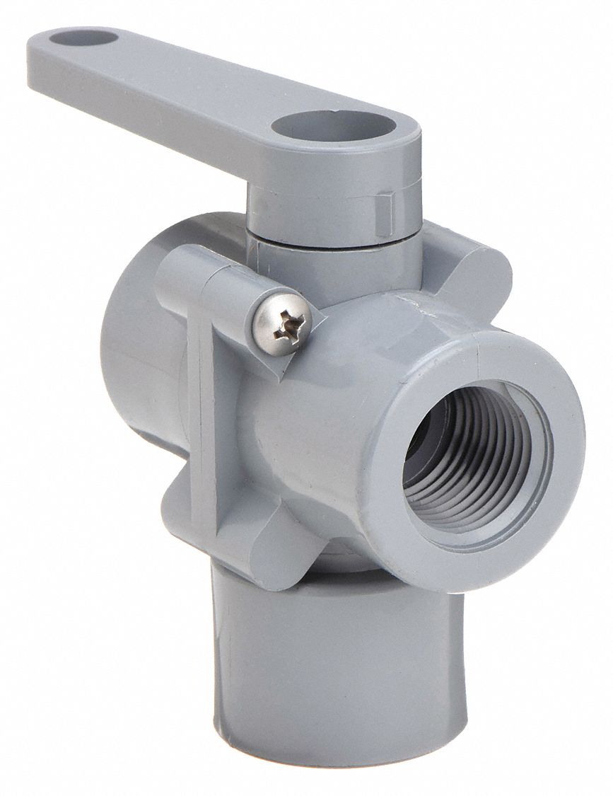 MANUAL THREE-WAY BALL VALVE: ½ IN, PVC, DOUBLE L FLOW, FNPT X FNPT X FNPT, LEVER