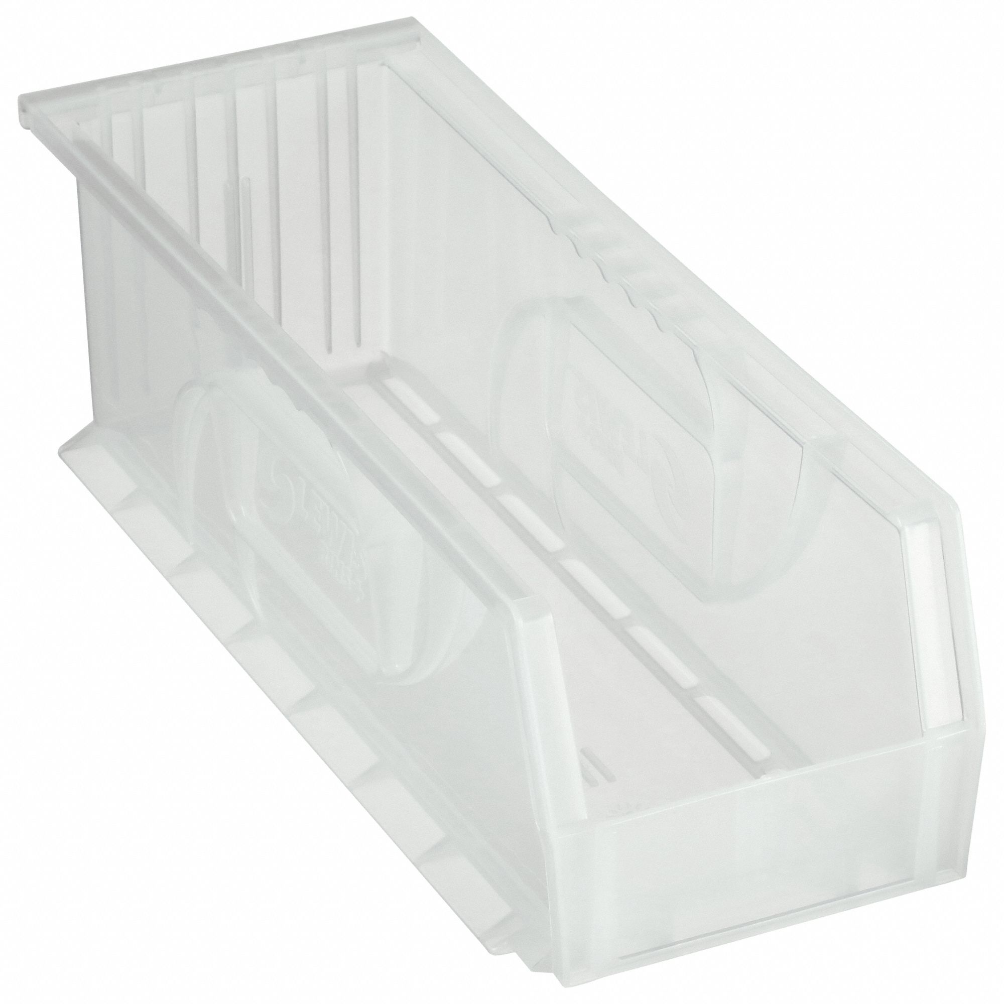 HANG AND STACK BIN, 5½ IN X 14¾ IN X 5 IN, CLEAR, LABEL HOLDERS, 40 LB LOAD CAPACITY