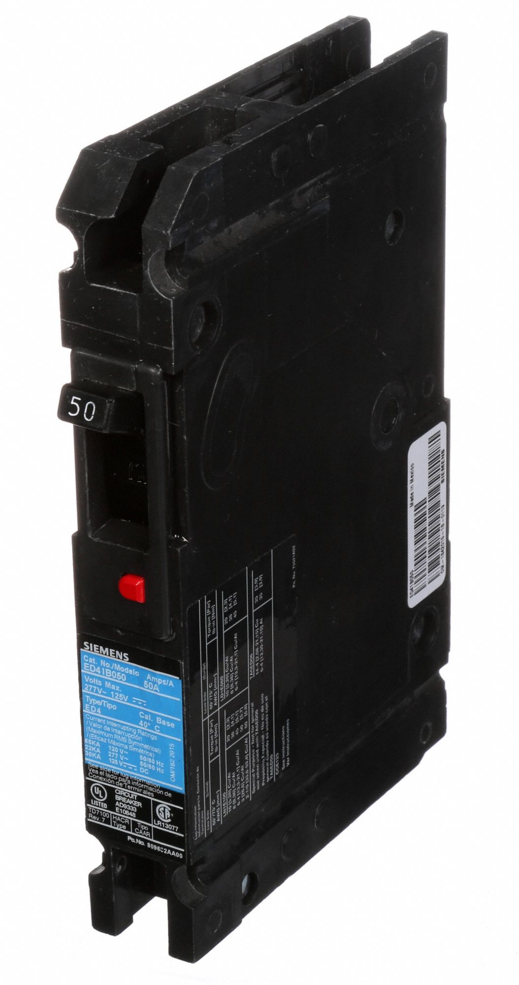 SIEMENS Molded Case Circuit Breaker, 50 A Amps, Number of Poles 1