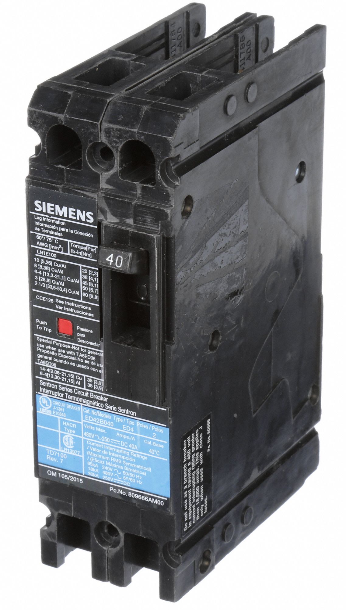 SIEMENS Molded Case Circuit Breaker, 40 A Amps, Number of Poles 2, Series ED4 3CMH8ED42B040