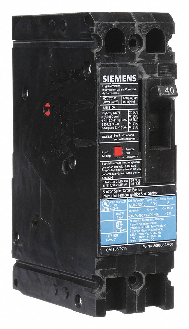 Molded Case Circuit Breaker: 40 A Amps, 18kA at 480V AC, Fixed, Load Side Lug, Any