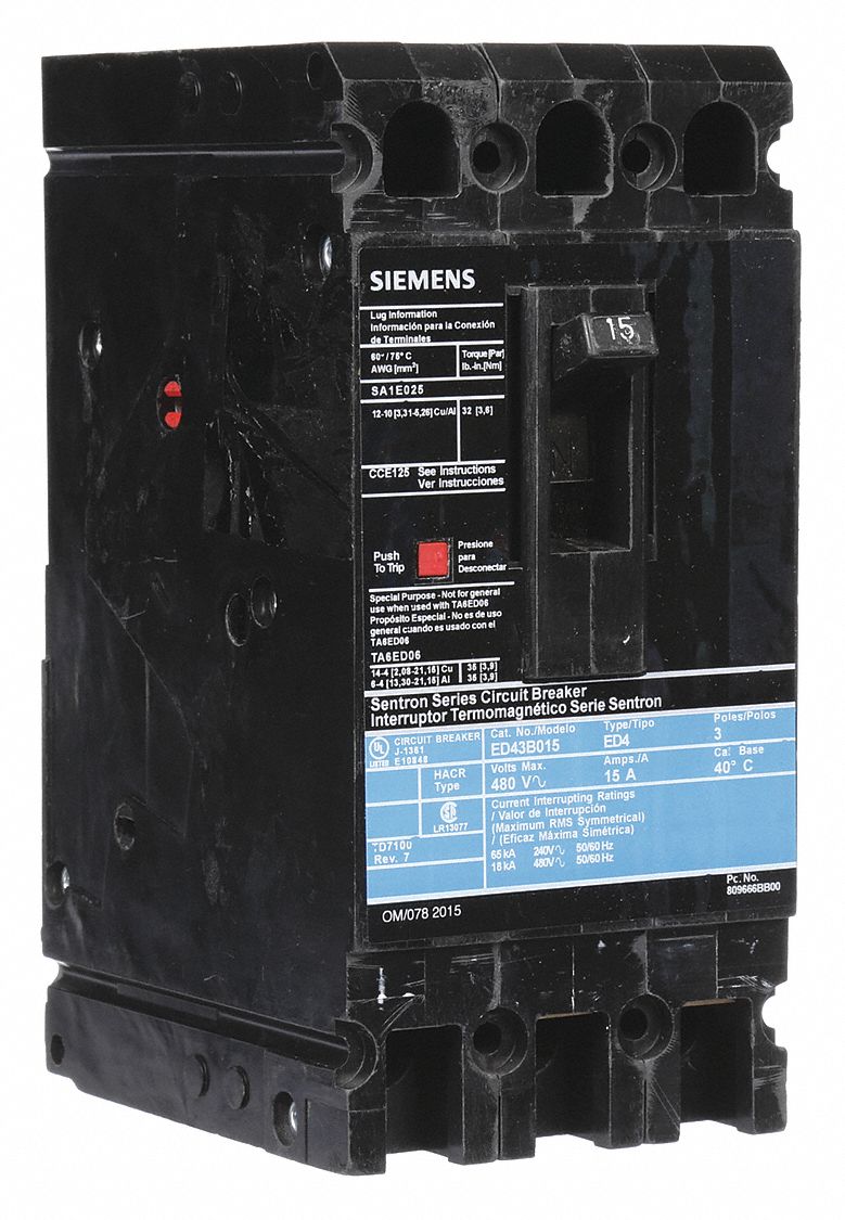 Molded Case Circuit Breaker: 15 A Amps, 18kA at 480V AC, Fixed, Load Side Lug, ABC
