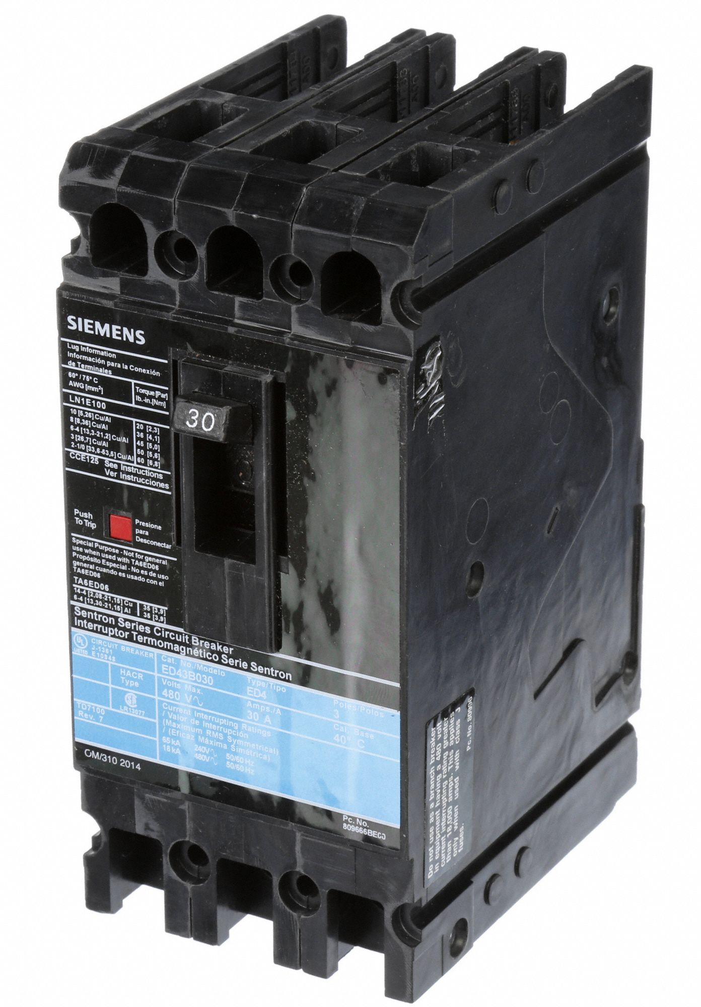 SIEMENS Molded Case Circuit Breaker 30 A Amps, 18kA at 480V AC, Fixed