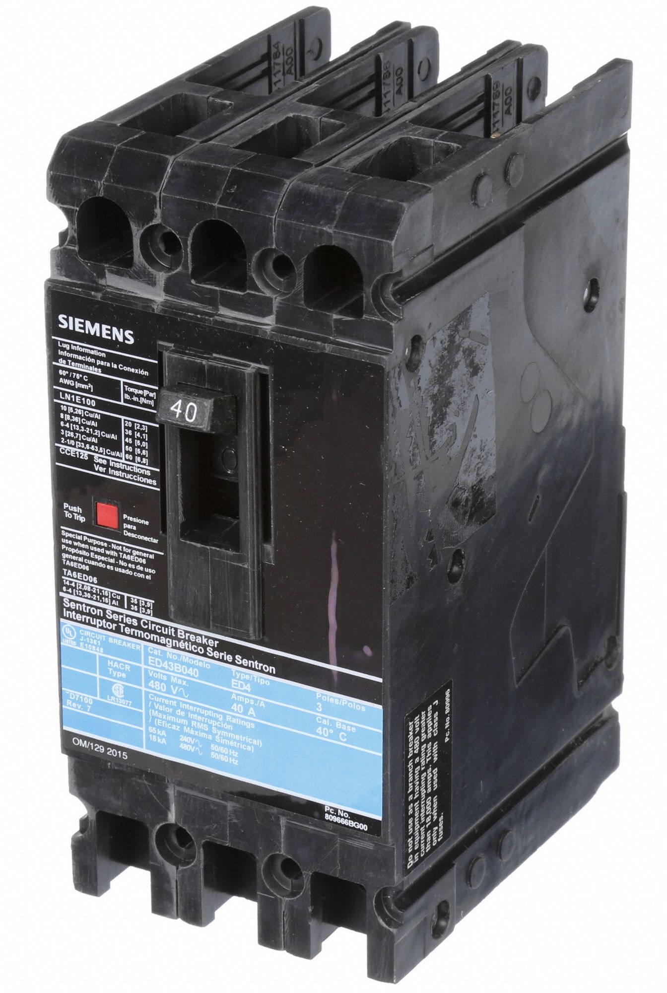 SIEMENS Molded Case Circuit Breaker: 40 A Amps, 18kA at 480V AC, Fixed ...