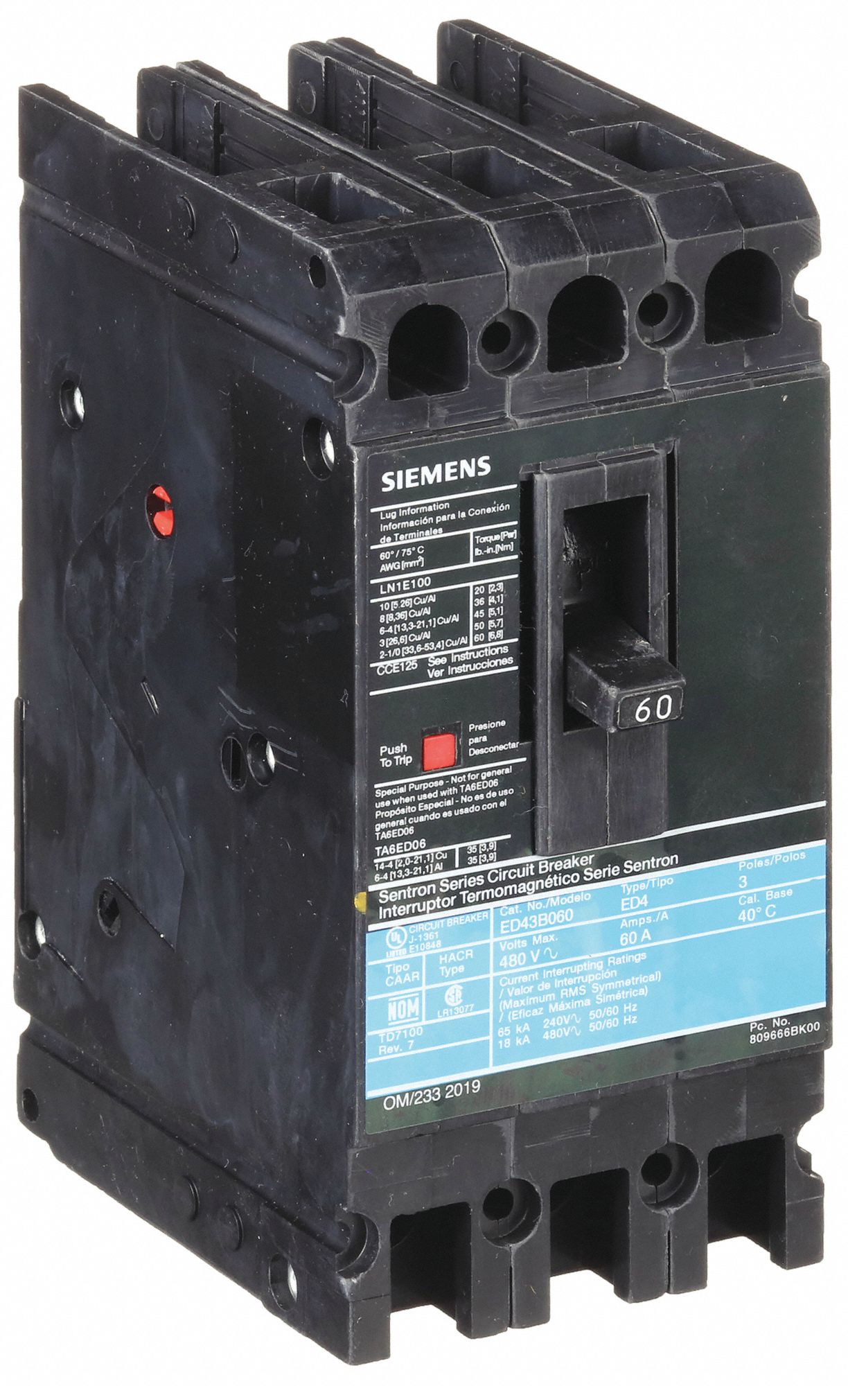 SIEMENS Molded Case Circuit Breaker: 60 A Amps, 18kA at 480V AC, Fixed,  Load Side Lug, ABC