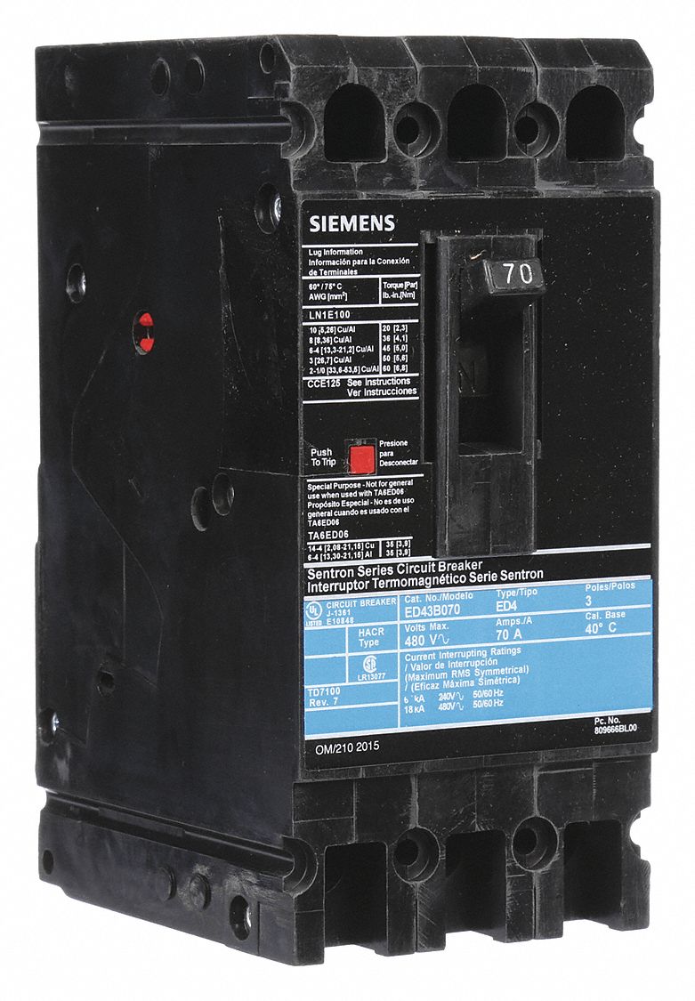 Molded Case Circuit Breaker: 70 A Amps, 18kA at 480V AC, Fixed, Load Side Lug, ABC