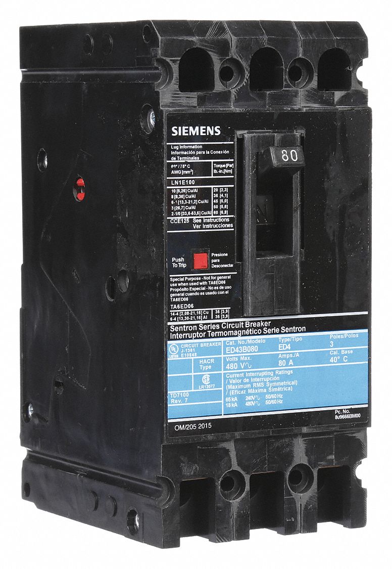 Molded Case Circuit Breaker: 80 A Amps, 18kA at 480V AC, Fixed, Load Side Lug, ABC