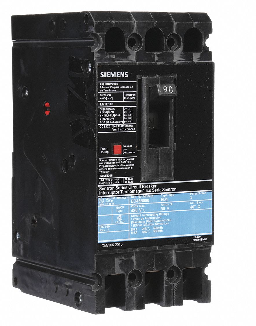 Molded Case Circuit Breaker: 90 A Amps, 18kA at 480V AC, Fixed, Load Side Lug, ABC