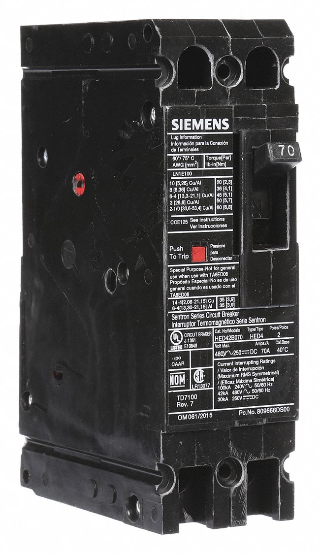 Molded Case Circuit Breaker: 70 A Amps, 42kA at 480V AC, Fixed, Load Side Lug, Any