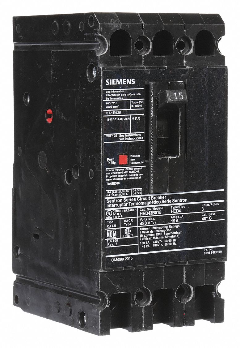 Molded Case Circuit Breaker: 15 A Amps, 42kA at 480V AC, Fixed, Load Side Lug, ABC