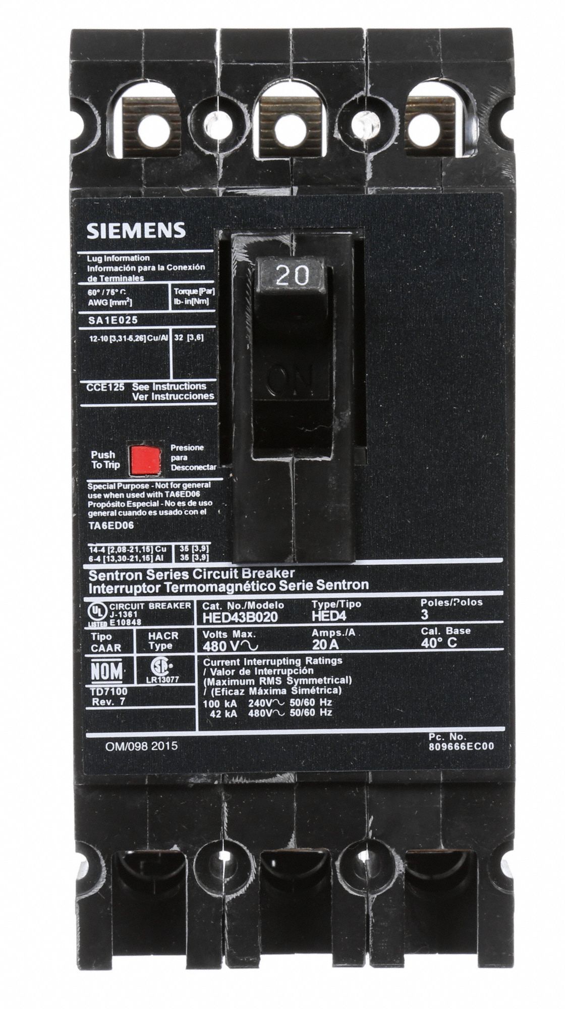 SIEMENS Molded Case Circuit Breaker: 20 A Amps, 42kA At 480V AC, Fixed ...