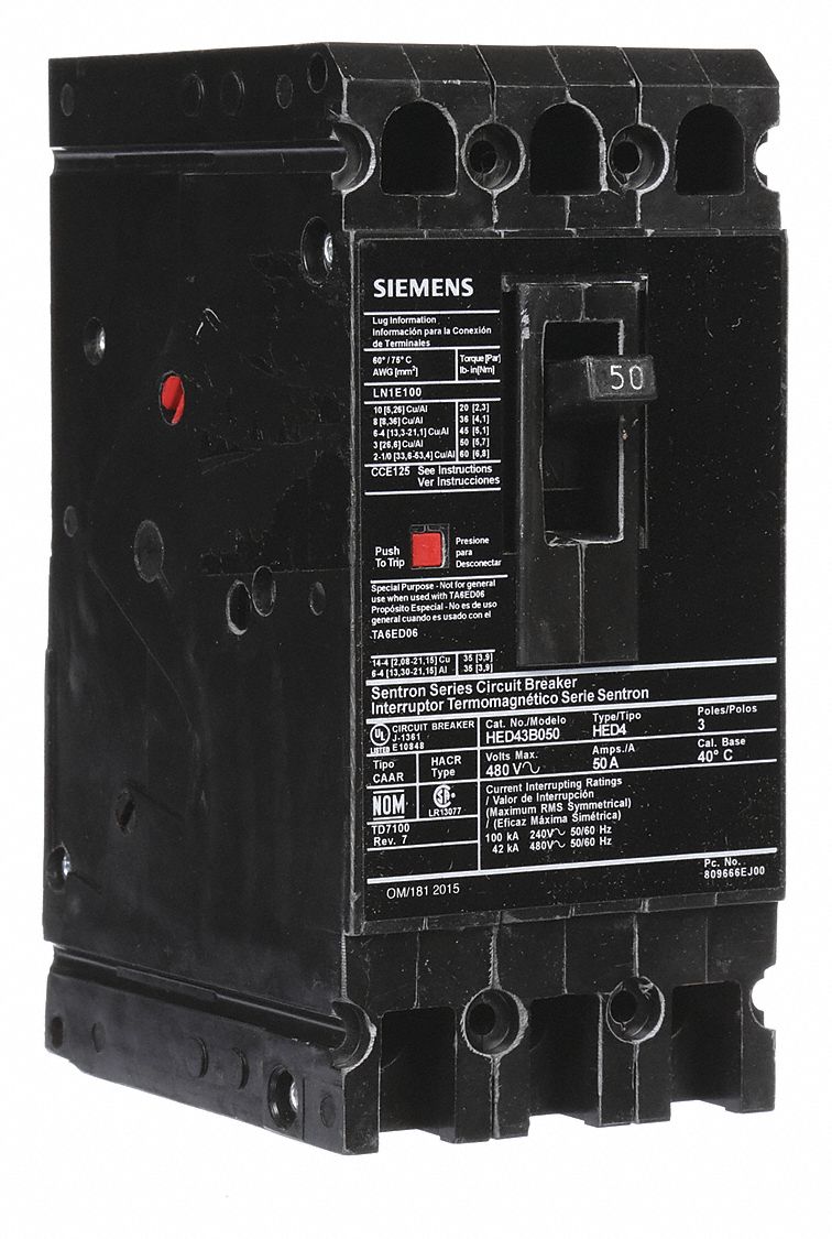 Molded Case Circuit Breaker: 50 A Amps, 42kA at 480V AC, Fixed, Load Side Lug, ABC