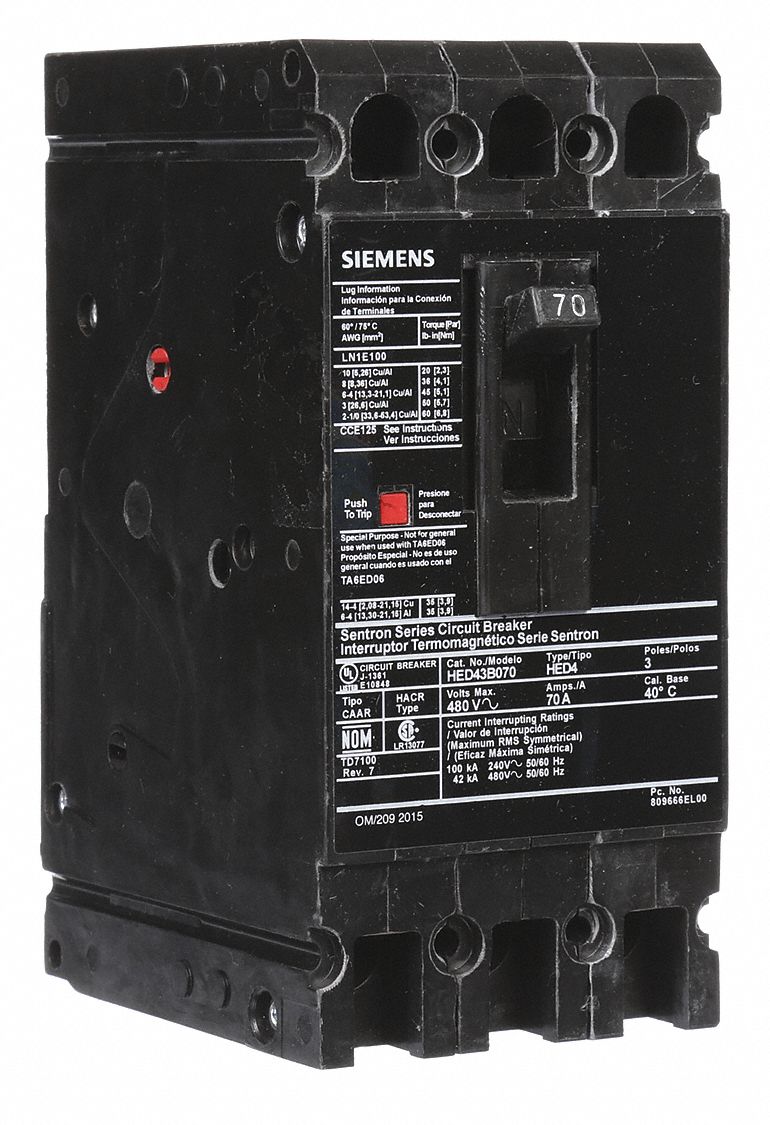 Molded Case Circuit Breaker: 70 A Amps, 42kA at 480V AC, Fixed, Load Side Lug, ABC