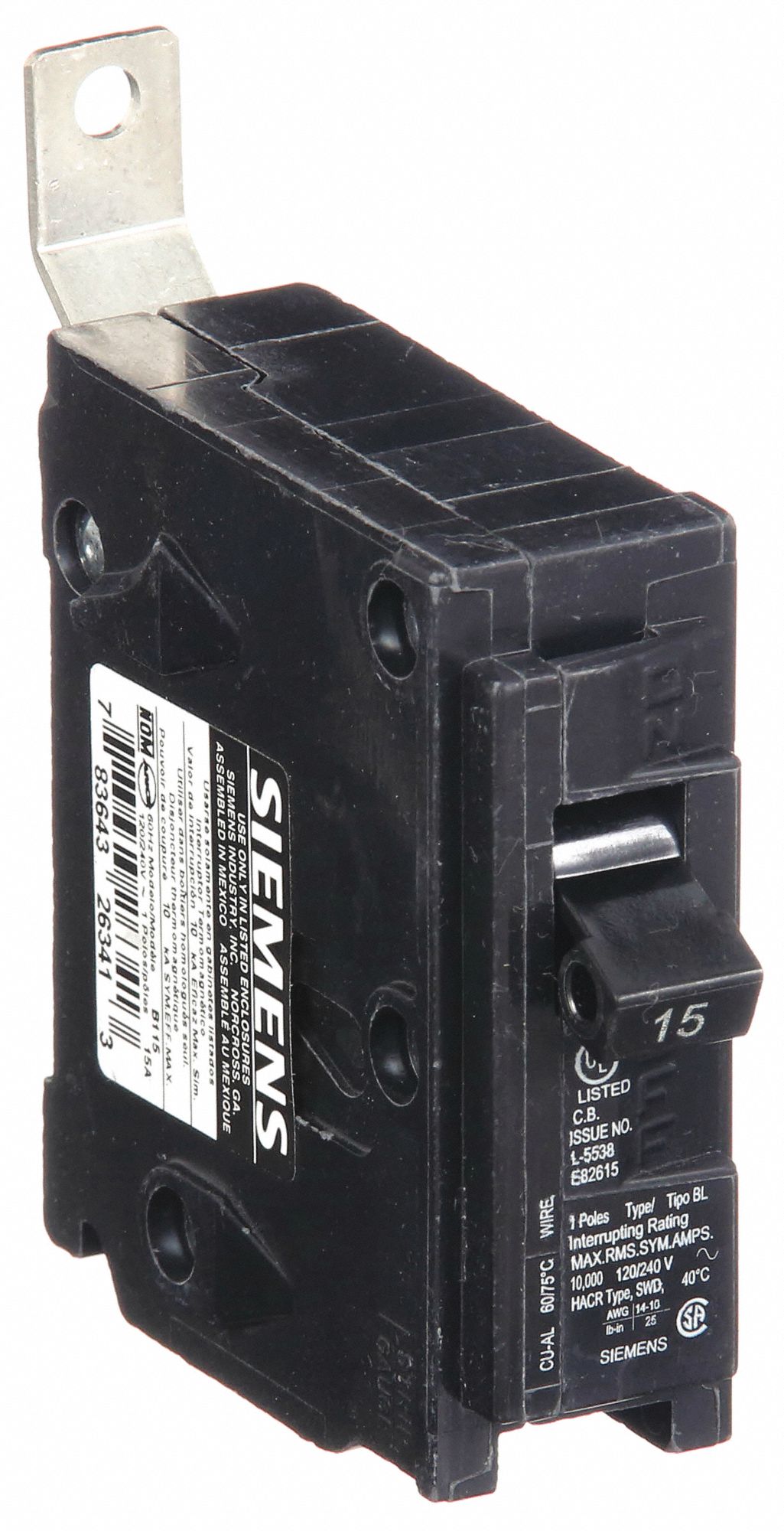 Miniature Circuit Breaker: 15 A Amps, 120/240V AC, 1 Poles, Std
