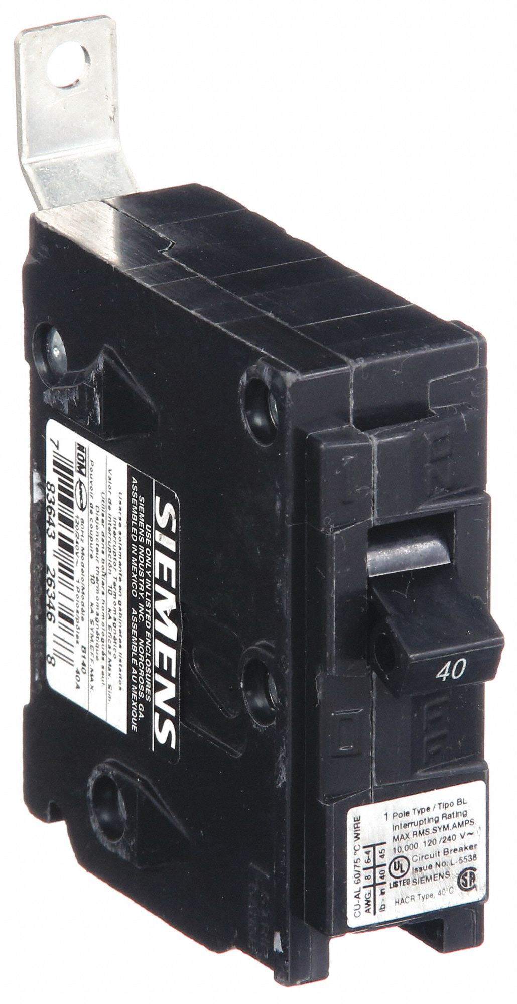 Miniature Circuit Breaker: 40 A Amps, 120/240V AC, 1 Poles, Std