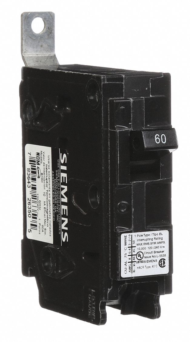 Miniature Circuit Breaker: 60 A Amps, 120/240V AC, 1 Poles, Std