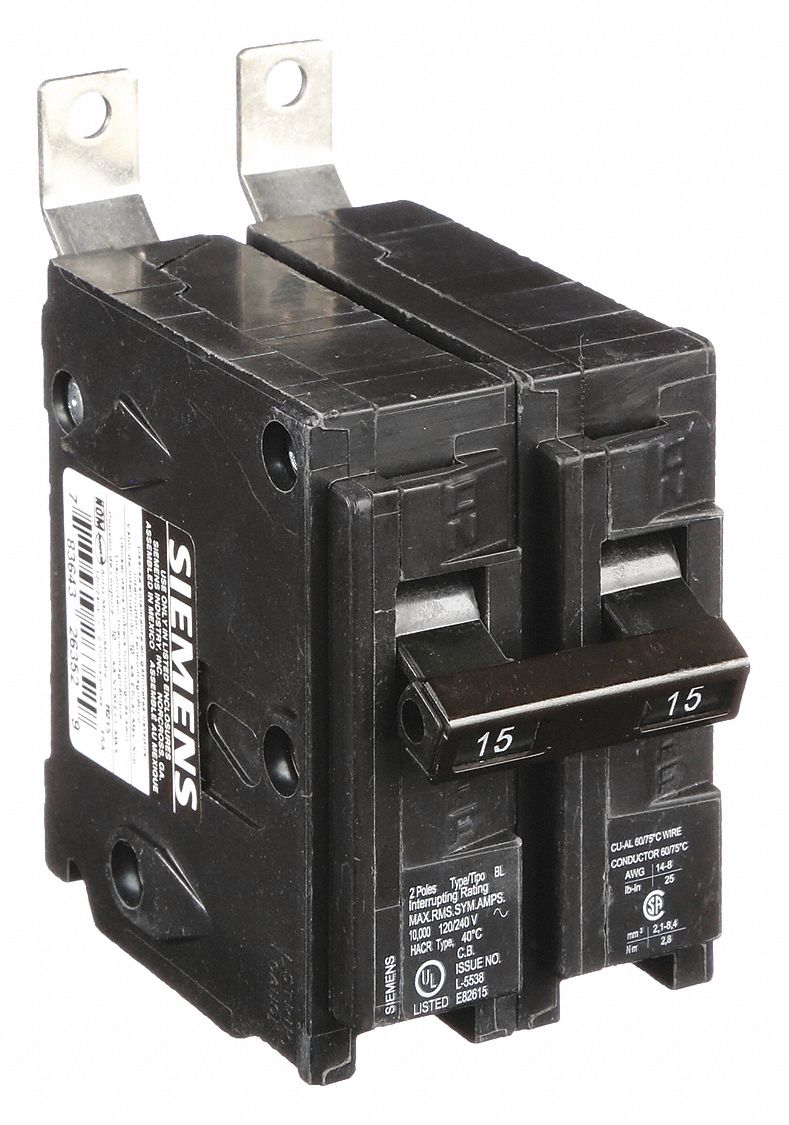 Miniature Circuit Breaker: 15 A Amps, 120/240V AC, 2 Poles, Std
