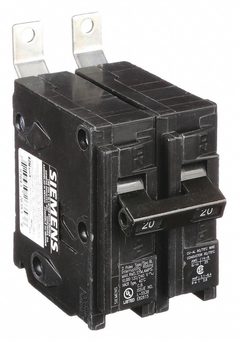 Miniature Circuit Breaker: 20 A Amps, 120/240V AC, 2 Poles, Std