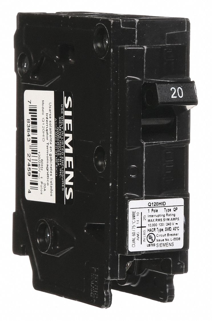 Miniature Circuit Breaker: 20 A Amps, 120V AC, 1 Poles, High Intensity Discharge