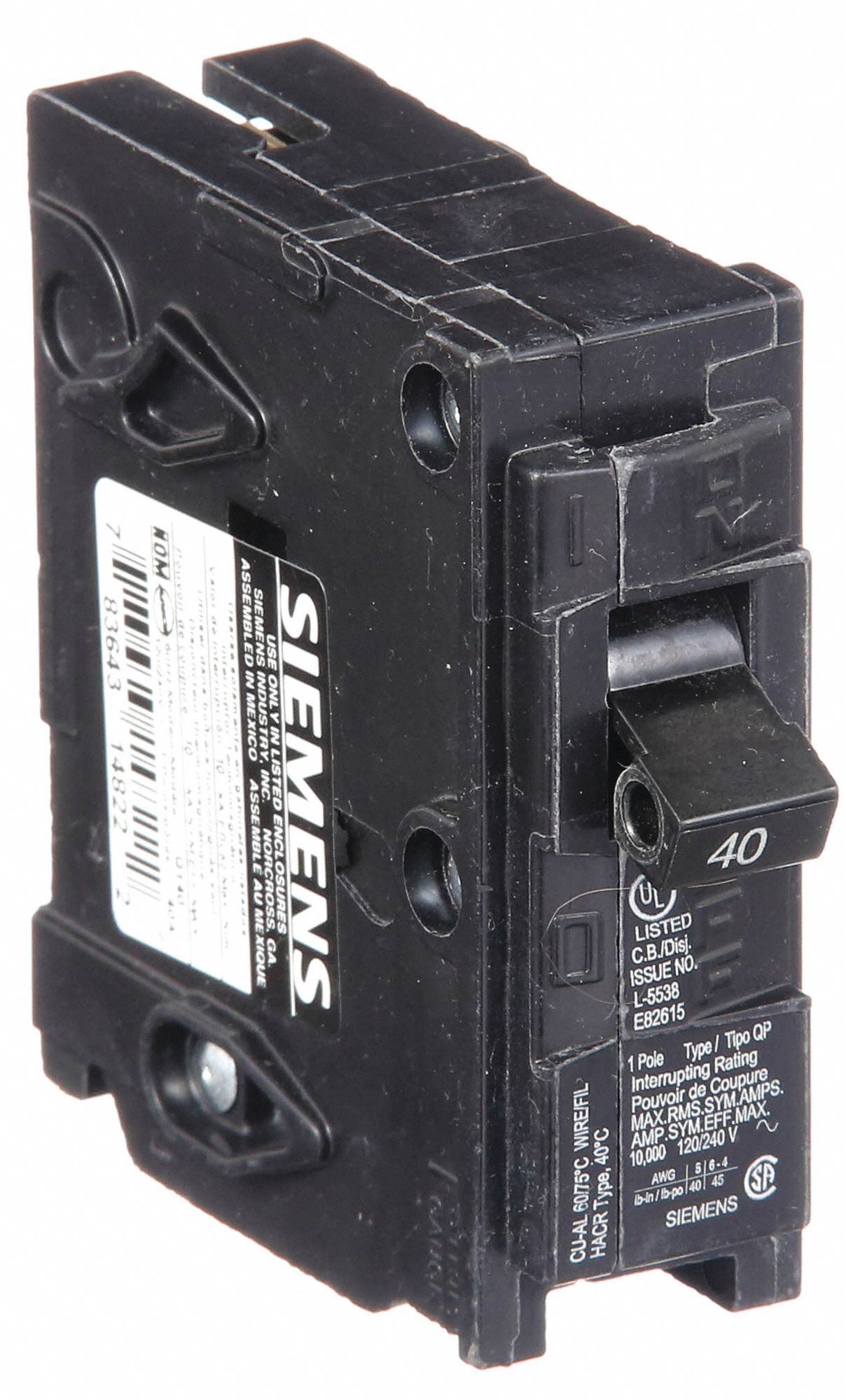Miniature Circuit Breaker: 40 A Amps, 120V AC, 1 Poles, Std