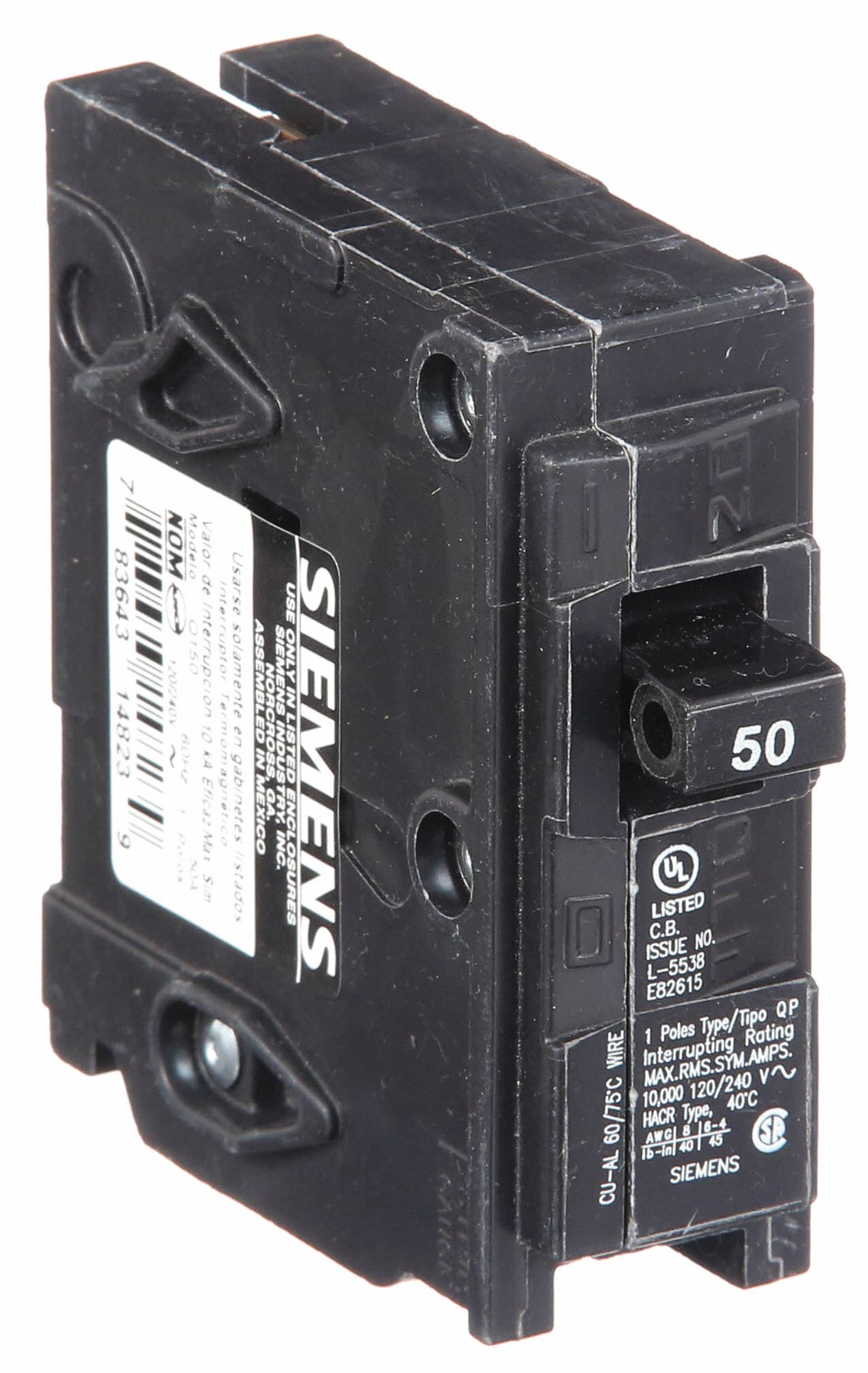 Miniature Circuit Breaker: 50 A Amps, 120V AC, 1 Poles, Std