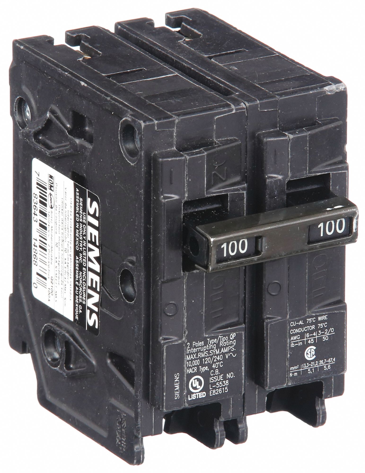 Miniature Circuit Breaker: 100 A Amps, 120/240V AC, 2 Poles, Std