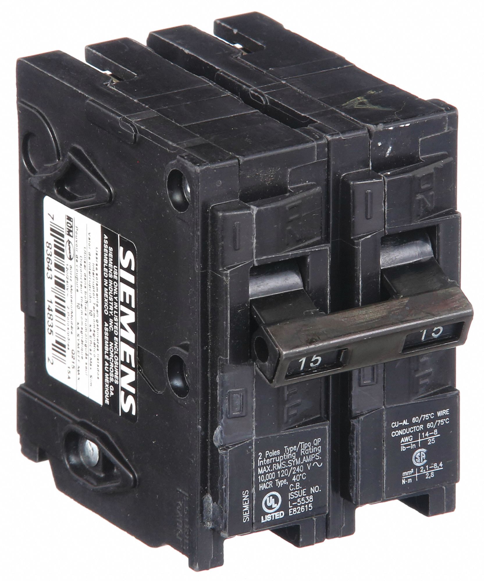 Miniature Circuit Breaker: 15 A Amps, 120/240V AC, 2 Poles, Std