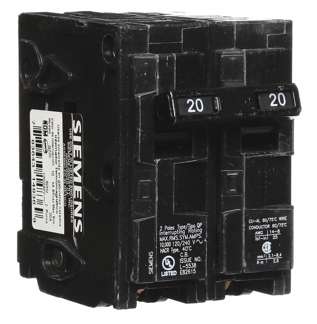 SIEMENS Miniature Circuit Breaker 20 A Amps, 120/240V AC, Single Phase