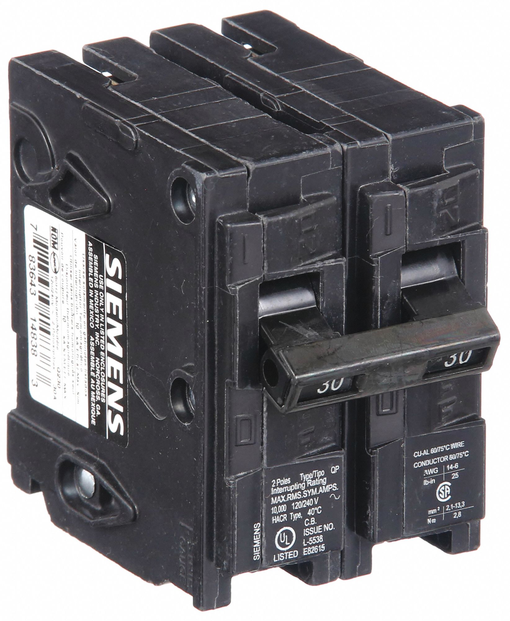 Miniature Circuit Breaker: 30 A Amps, 120/240V AC, 2 Poles, Std