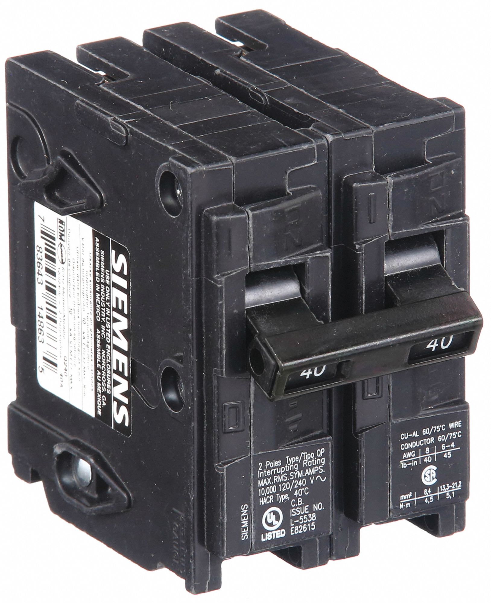Miniature Circuit Breaker: 40 A Amps, 120/240V AC, 2 Poles, Std