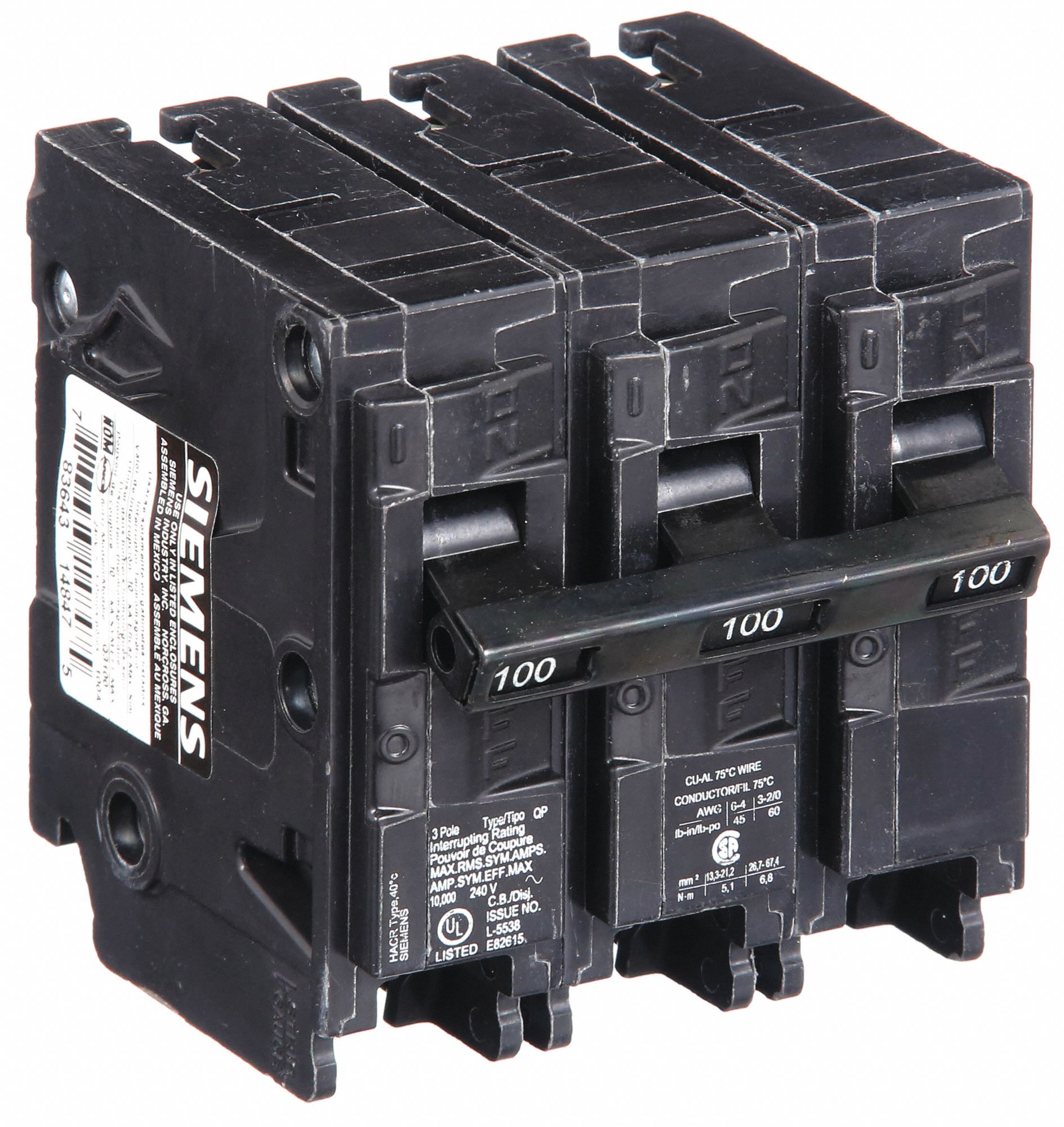 Miniature Circuit Breaker: 100 A Amps, 240V AC, 3 Poles, Std
